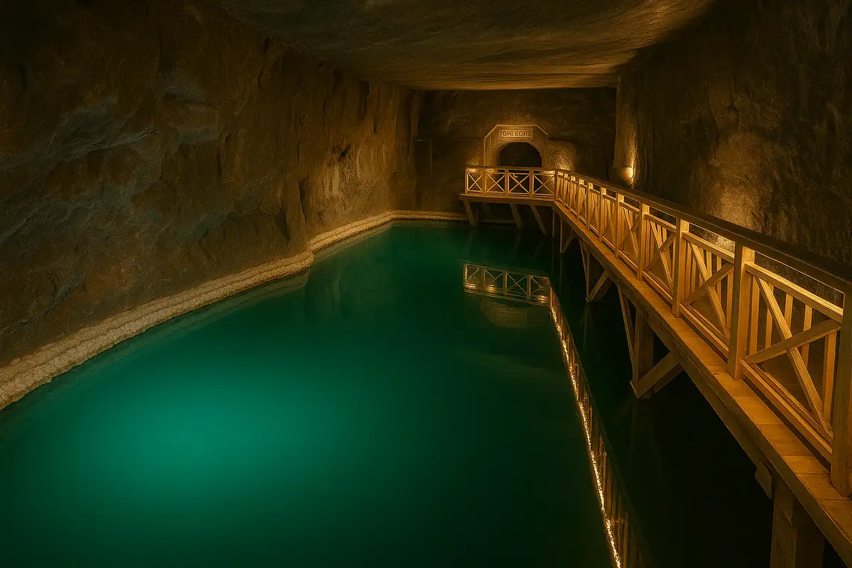 Historic salt mine corridors with wooden supports